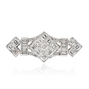 Platinum 4.50 Carats Carre Baguette And Round Cut Diamond Brooch